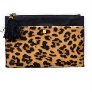 J. CREW CHEETAH PRINT BLACK LEATHER MINI BAG CLUTCH POUCH WOMEN PURSE TASSEL